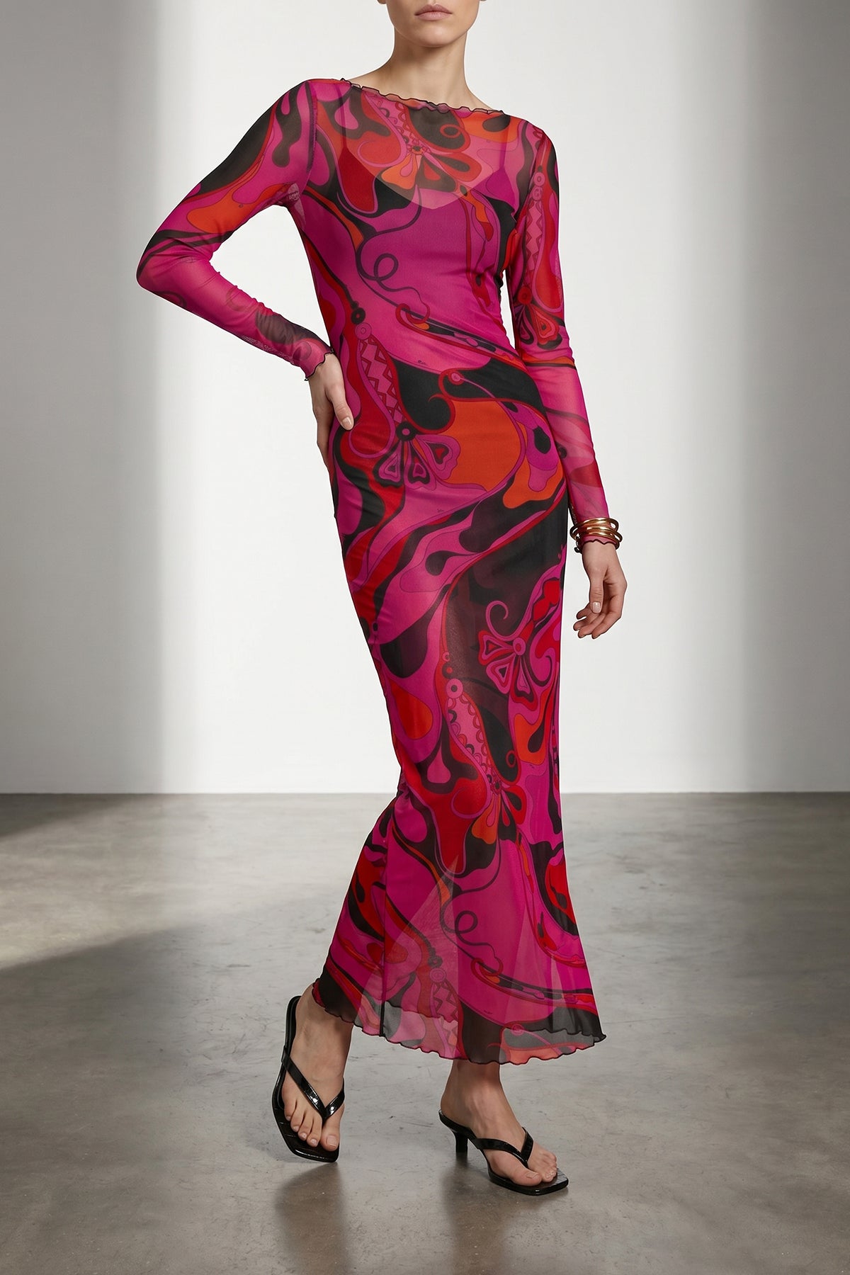 long dress in semi-transparent stretch tulle