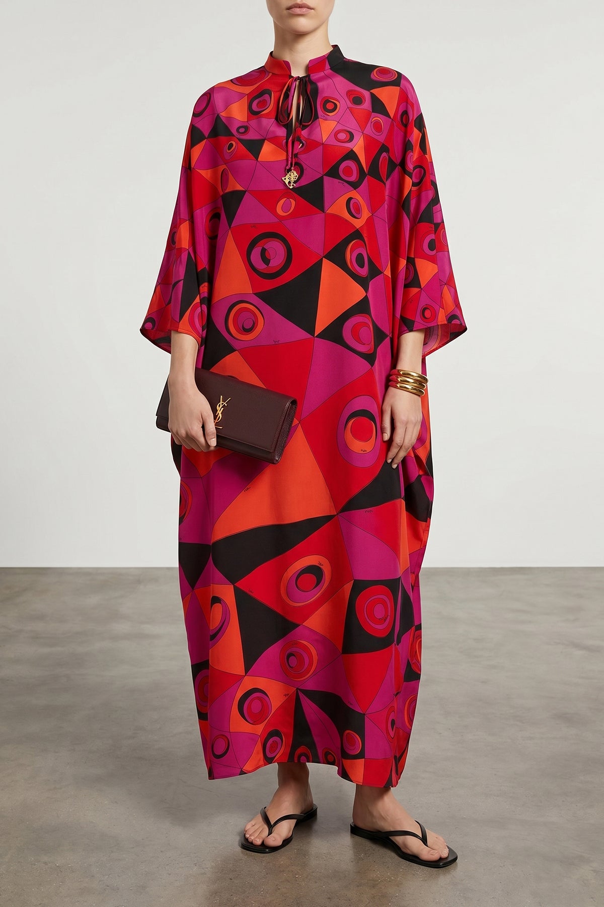 long dress in patterned crepe de chine caftan style