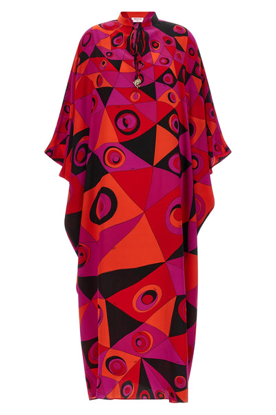 long dress in patterned crepe de chine caftan style