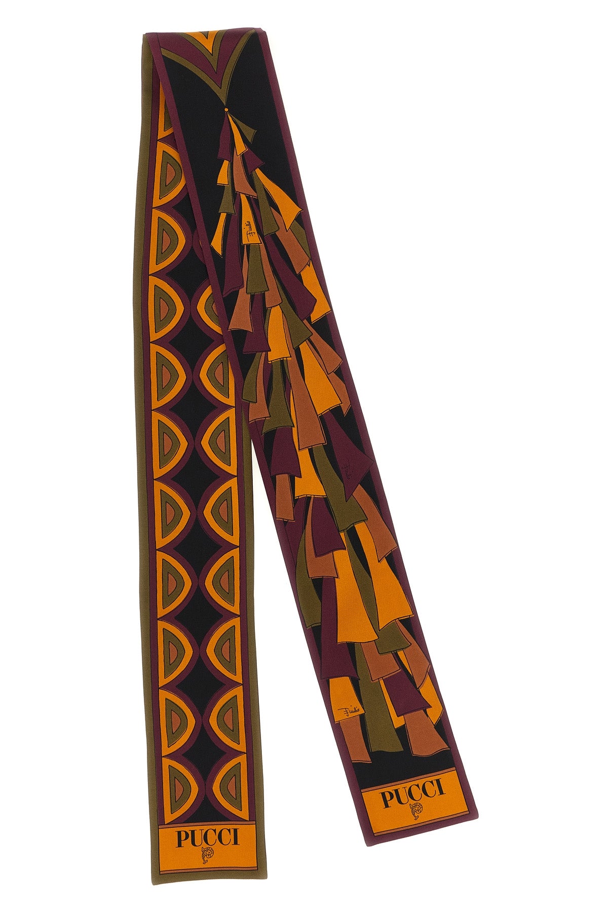 the pucci scarf stands out for its elongated silhouette and straight edges