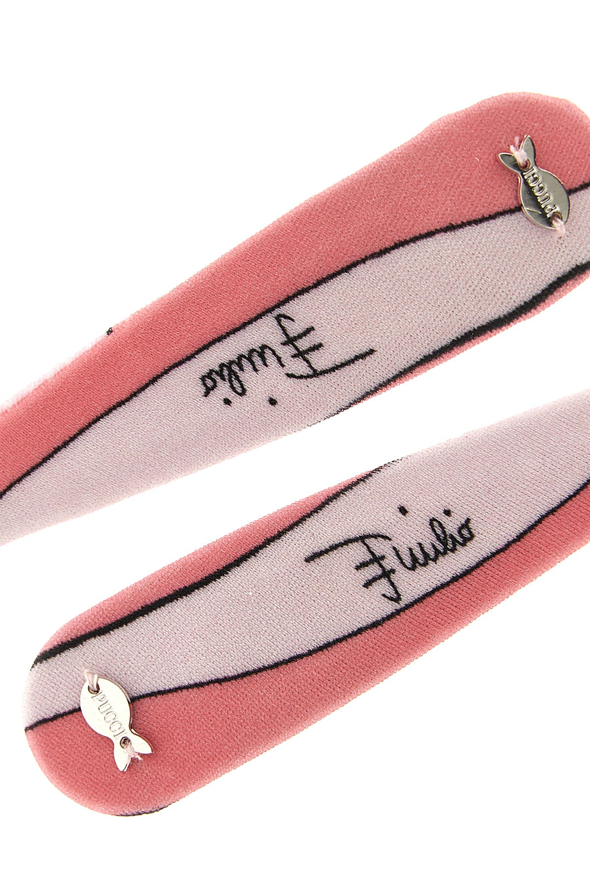 the pucci hair clip set is distinguished by a snap construction covered in lycra