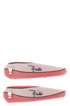 the pucci hair clip set is distinguished by a snap construction covered in lycra