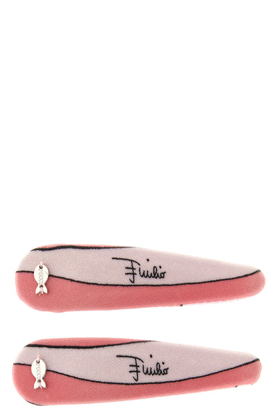 the pucci hair clip set is distinguished by a snap construction covered in lycra