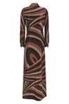 the long pucci dress defines a tight silhouette through a sophisticated processi