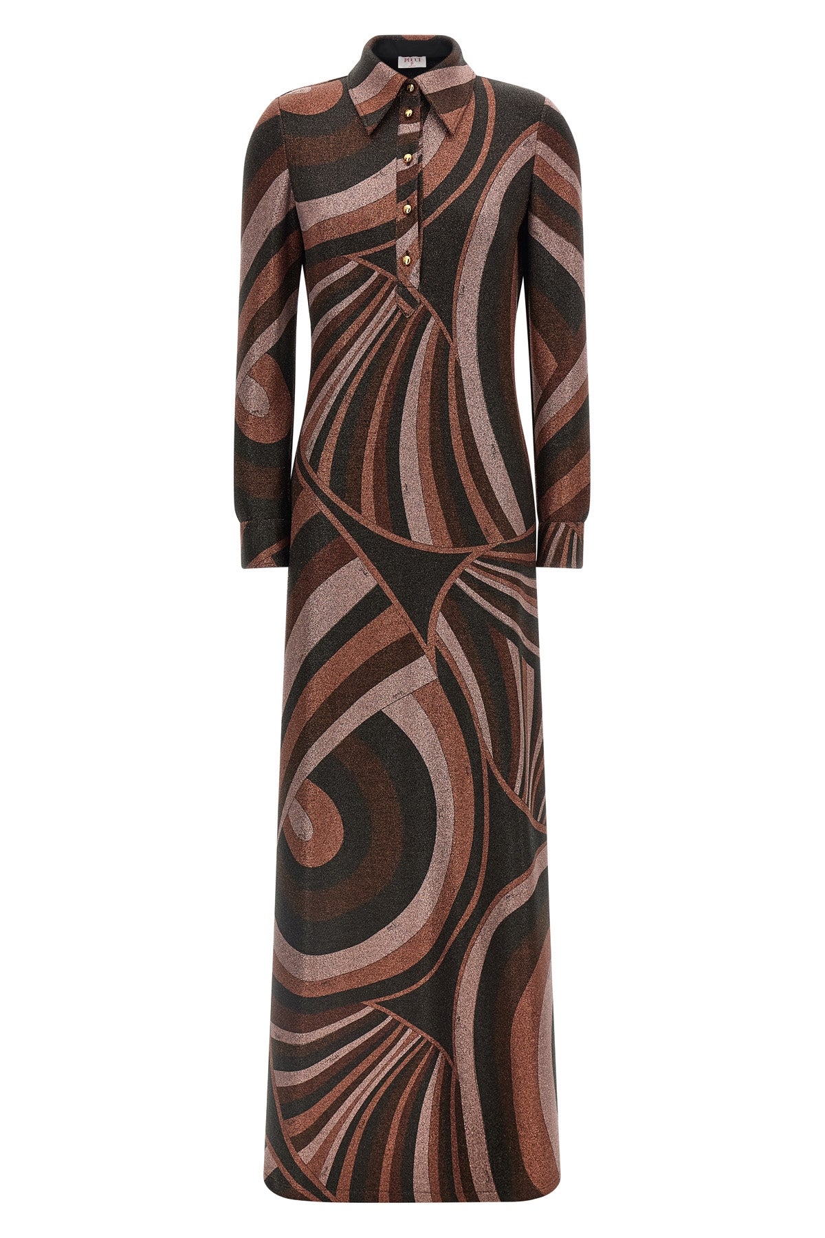 the long pucci dress defines a tight silhouette through a sophisticated processi