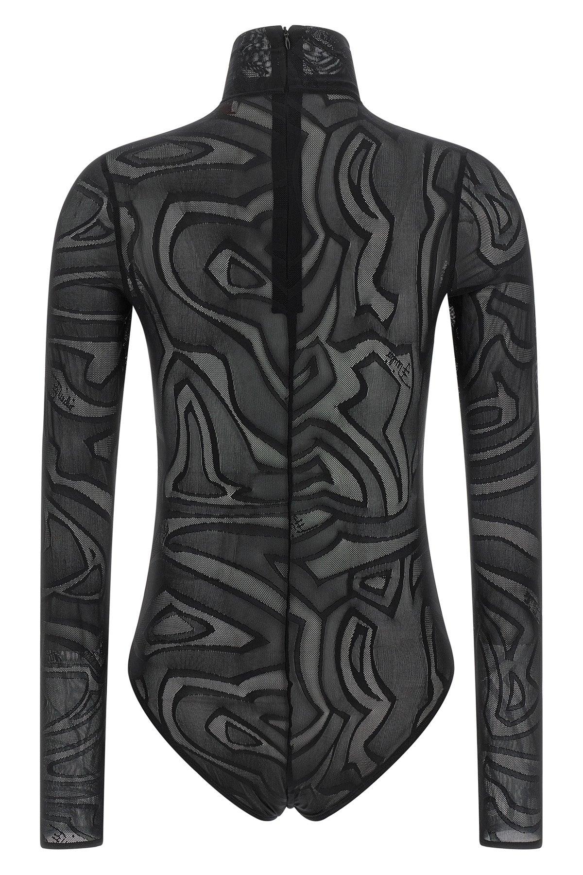 the pucci bodysuit defines a tight silhouette through a sophisticated semi-trans