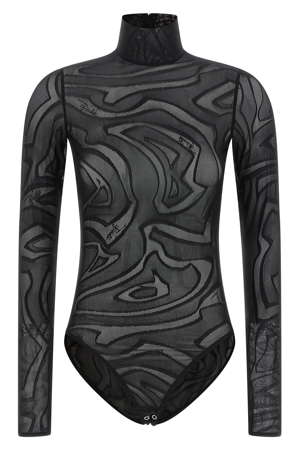 the pucci bodysuit defines a tight silhouette through a sophisticated semi-trans