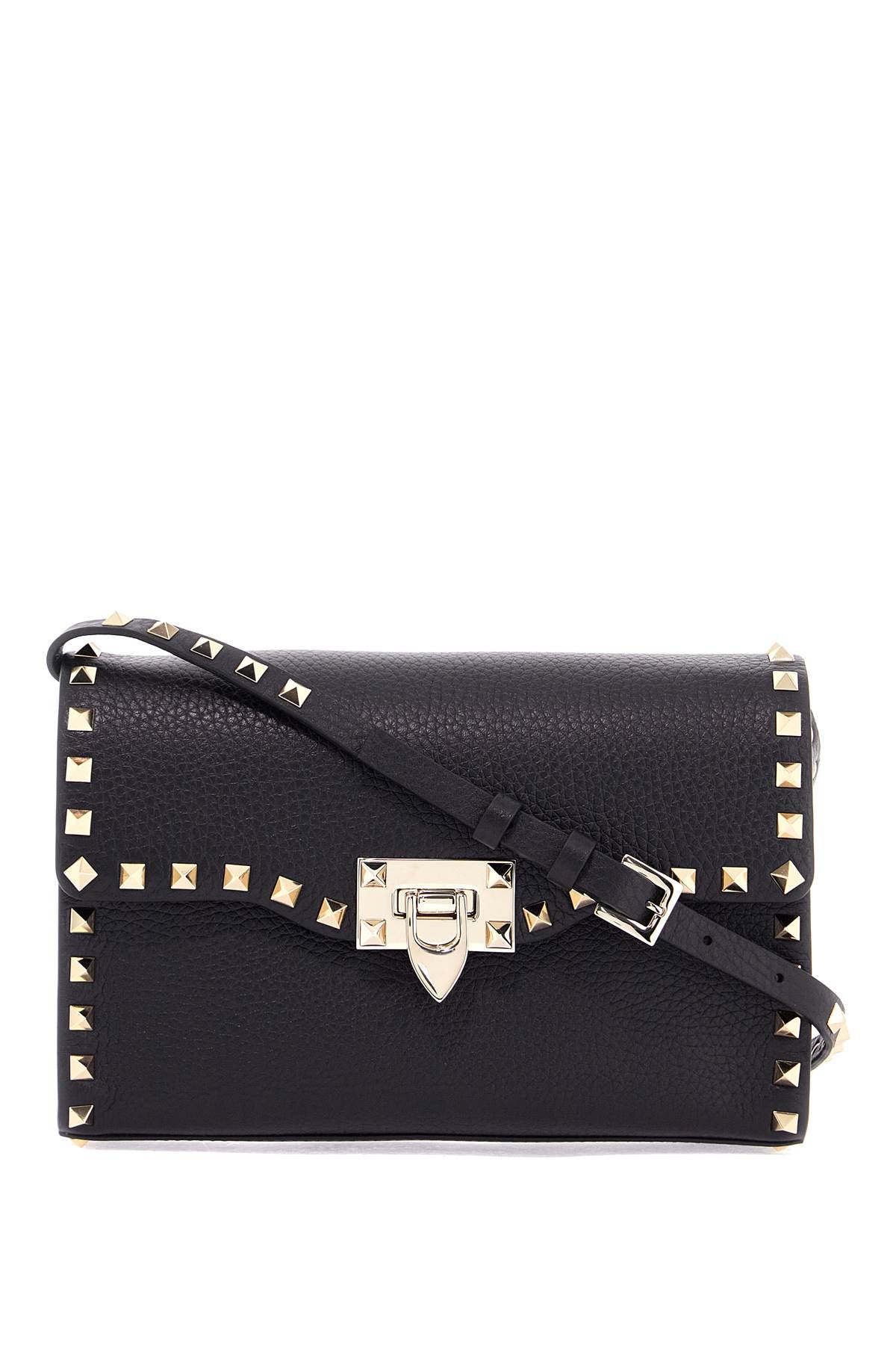 small black leather shoulder bag with golden studs