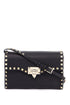 small black leather shoulder bag with golden studs