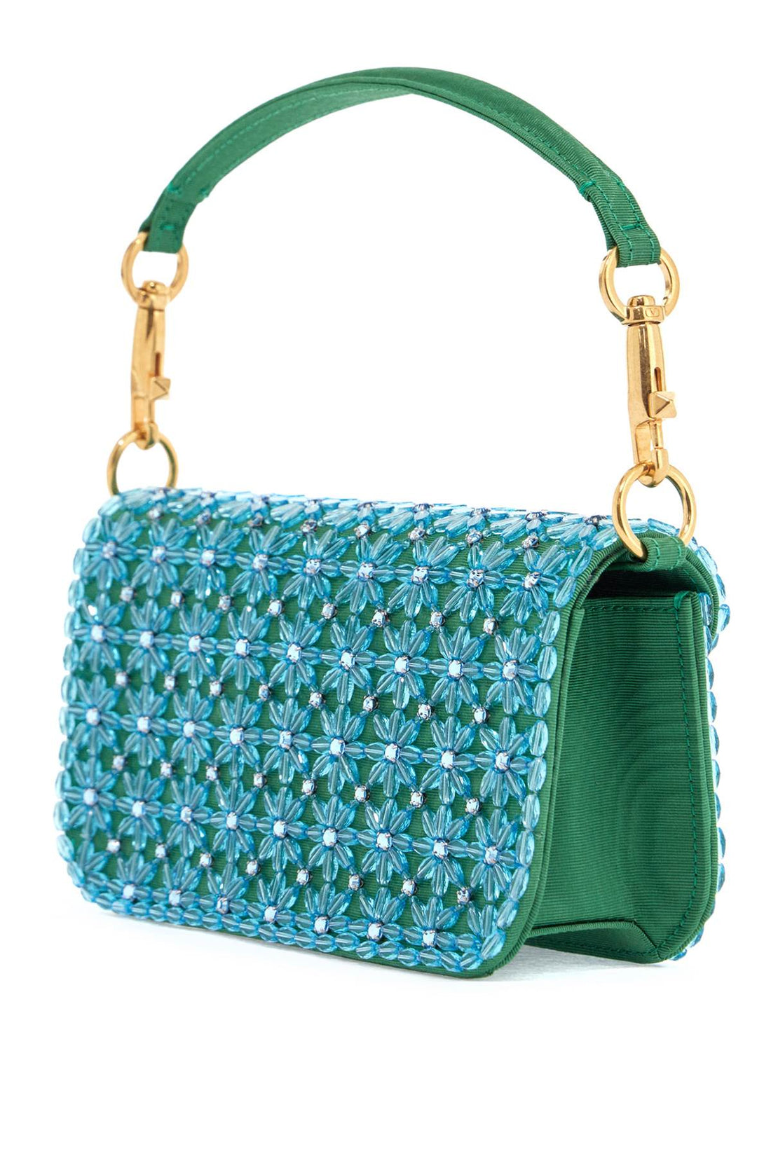 small turquoise floral shoulder bag with crystals and chain