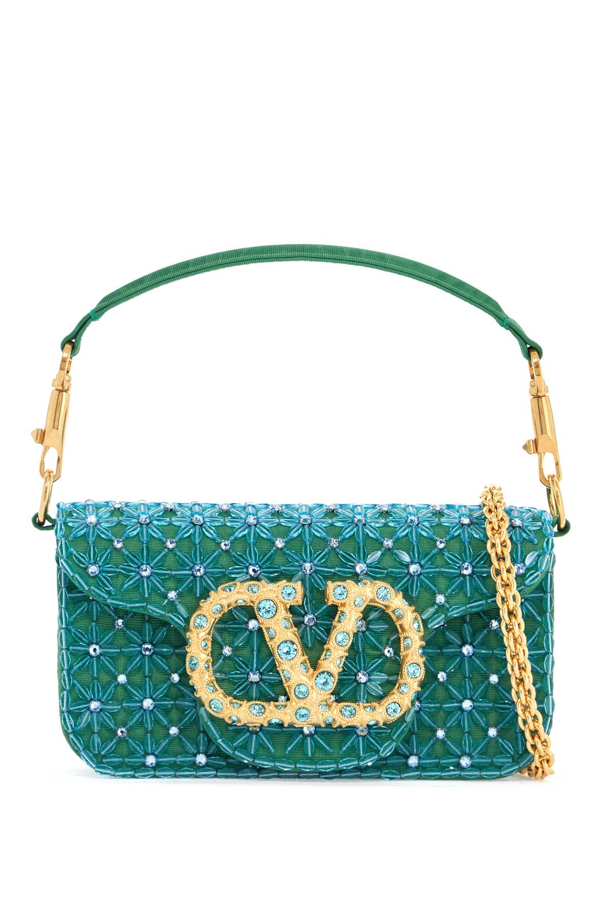 small turquoise floral shoulder bag with crystals and chain