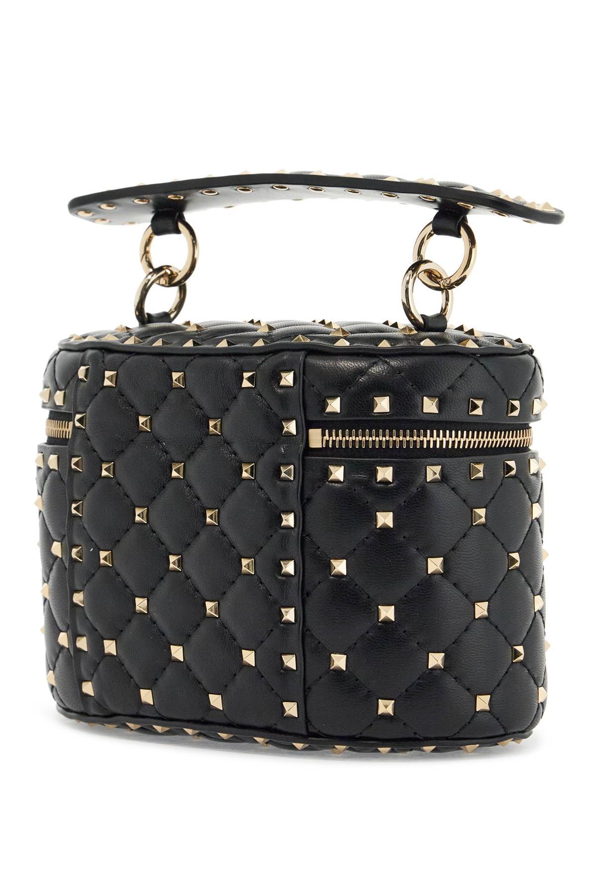 black quilted leather cylindrical vanity bag with chain