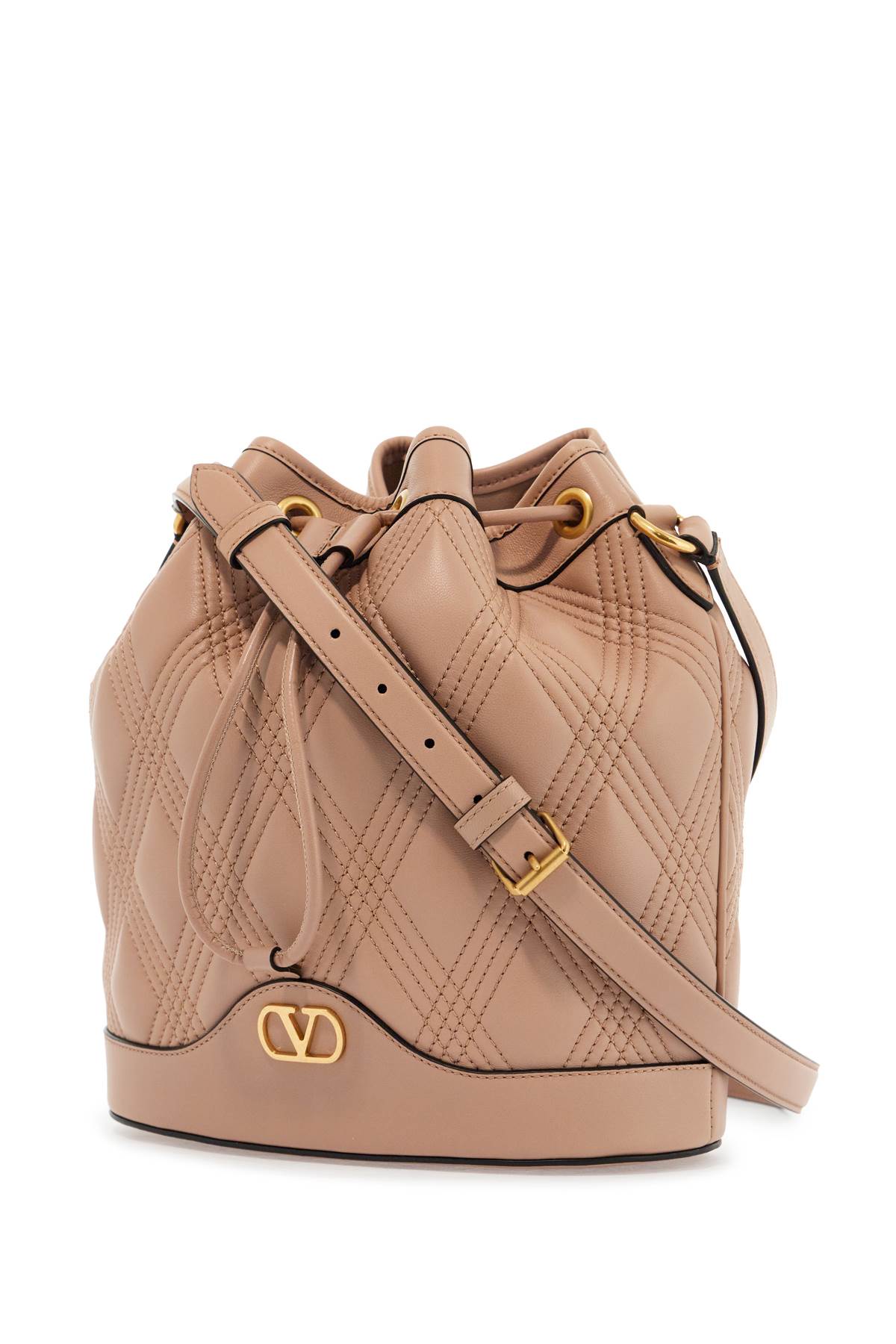 quilted pink leather bucket crossbody bag with golden details