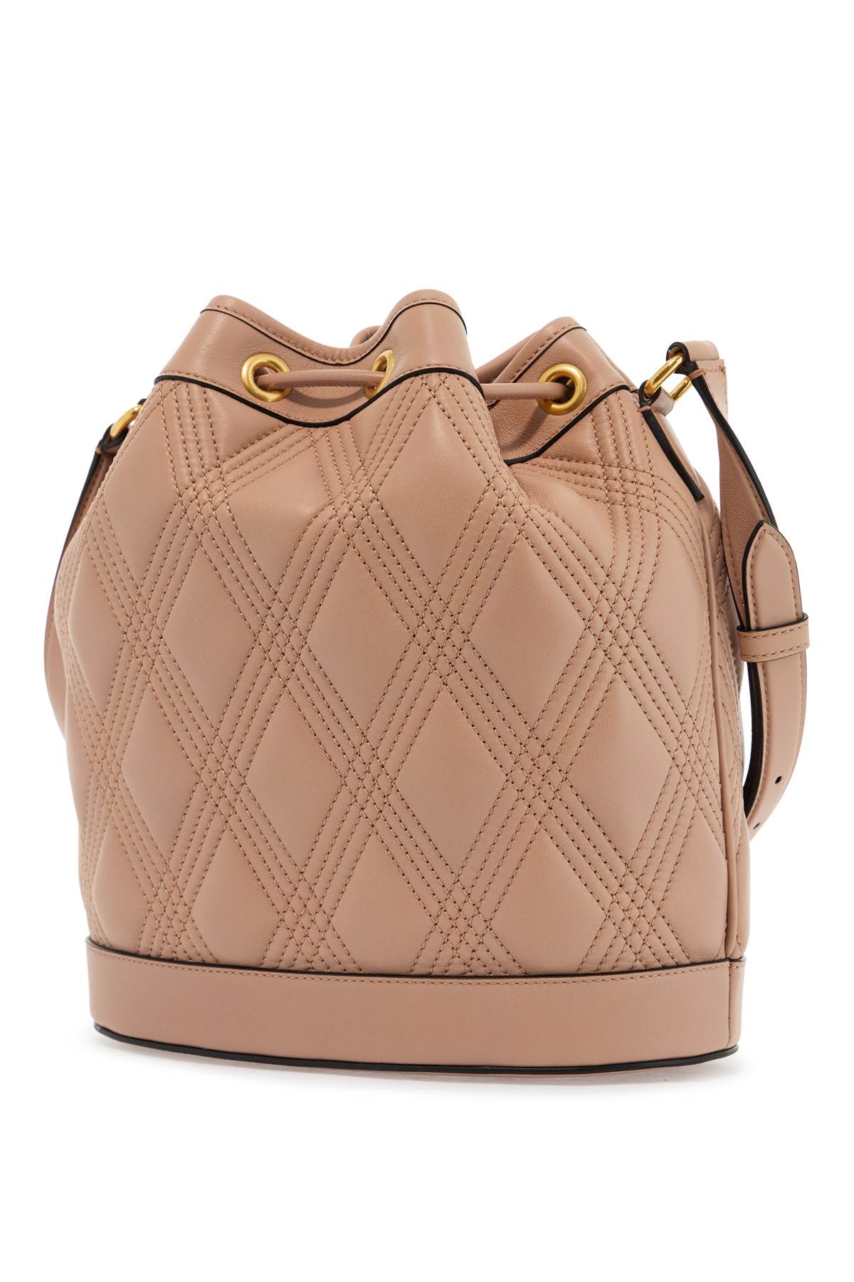 quilted pink leather bucket crossbody bag with golden details