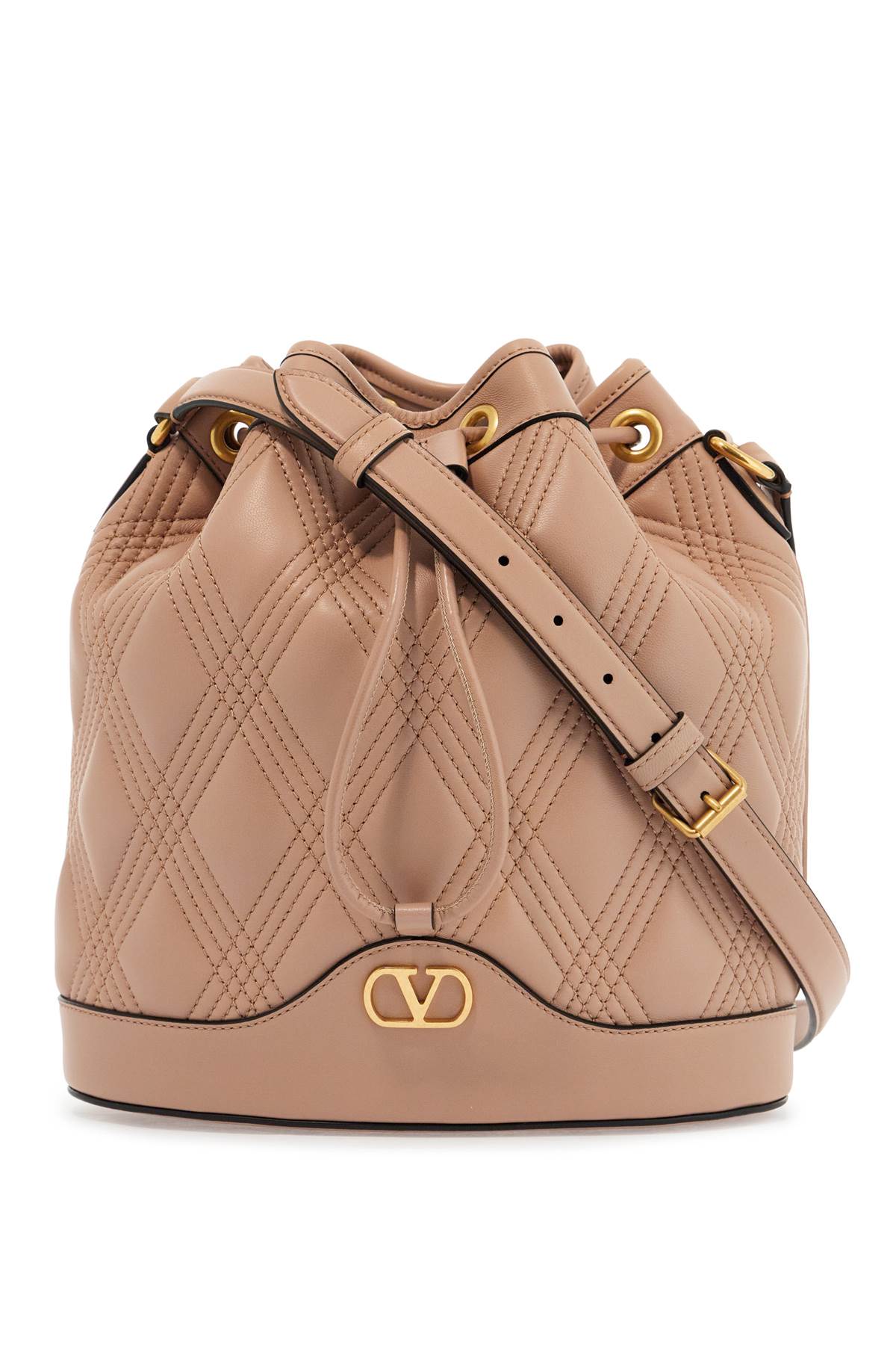 quilted pink leather bucket crossbody bag with golden details