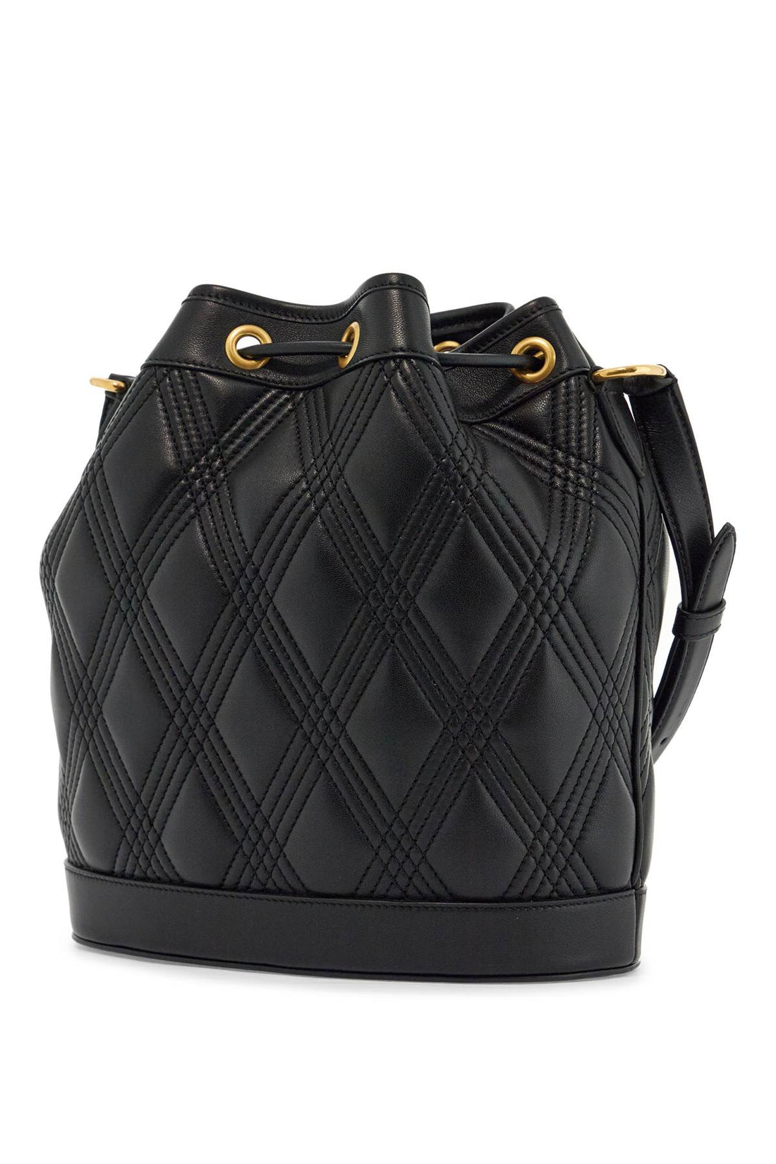 quilted black leather drawstring bag