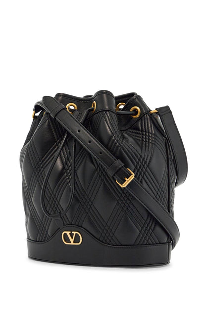 quilted black leather drawstring bag