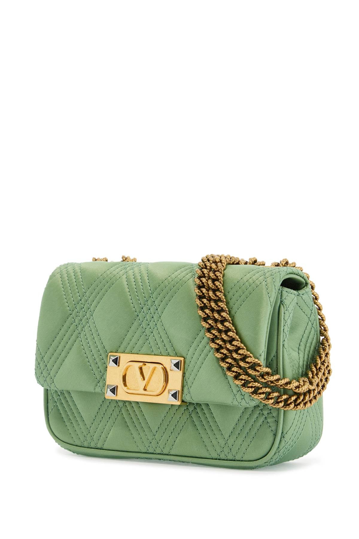 small quilted green silk shoulder bag with chain