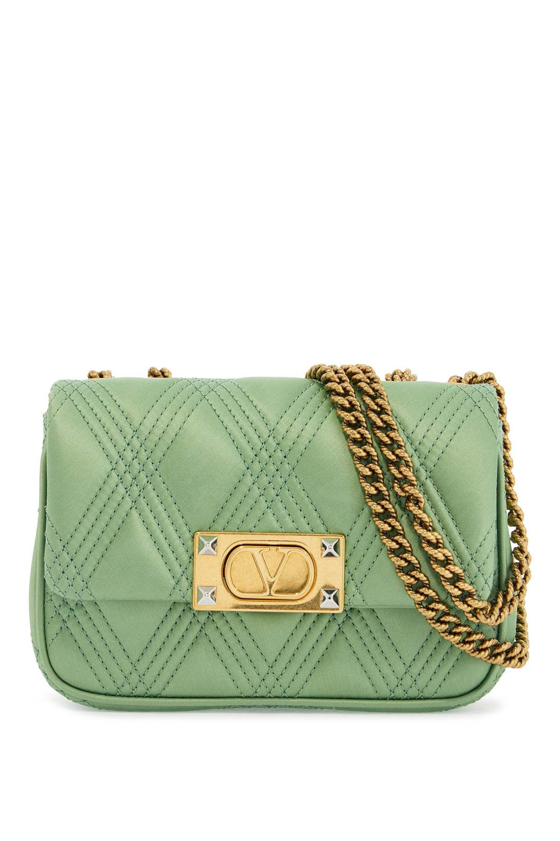 small quilted green silk shoulder bag with chain