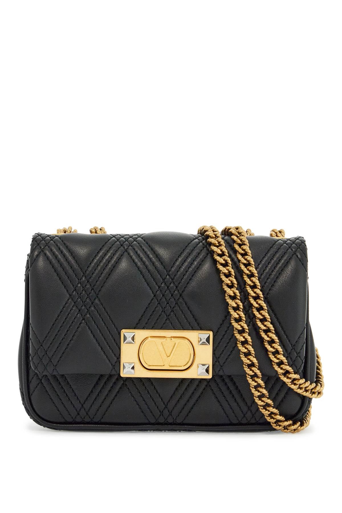 small black quilted shoulder bag with gold chain