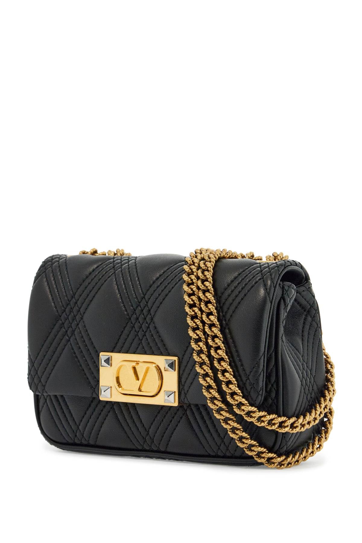 small black quilted shoulder bag with gold chain