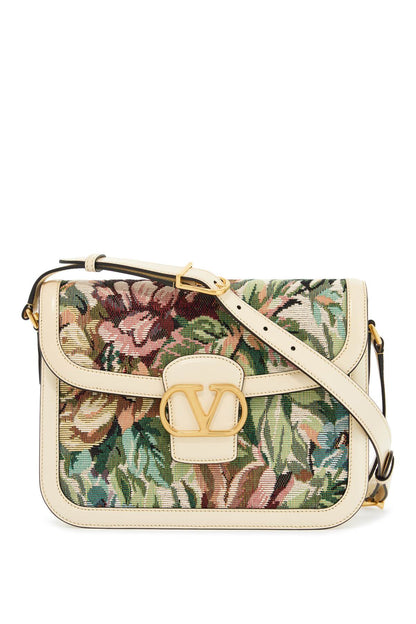 multicolored floral shoulder bag in butter white leather