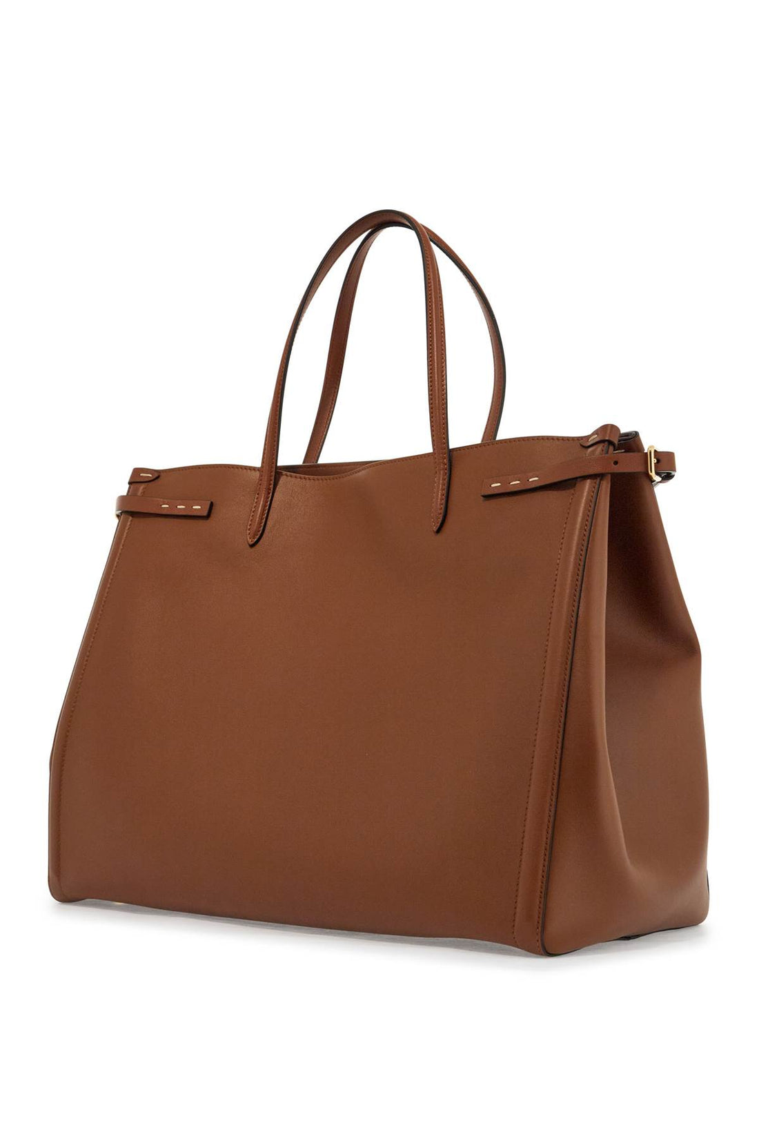 borsa tote grande in pelle marrone minimalista con fibbie decorative