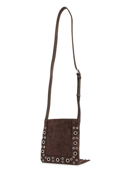 small suede crossbody bag in dark brown with studs and fringe