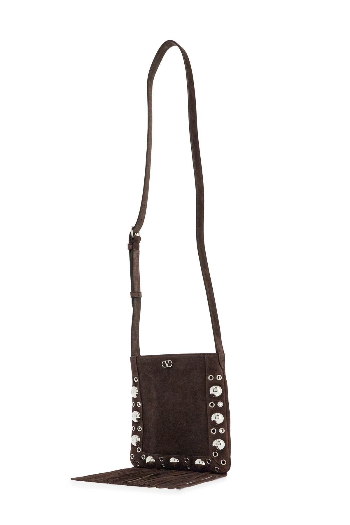 small suede crossbody bag in dark brown with studs and fringe