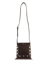 small suede crossbody bag in dark brown with studs and fringe