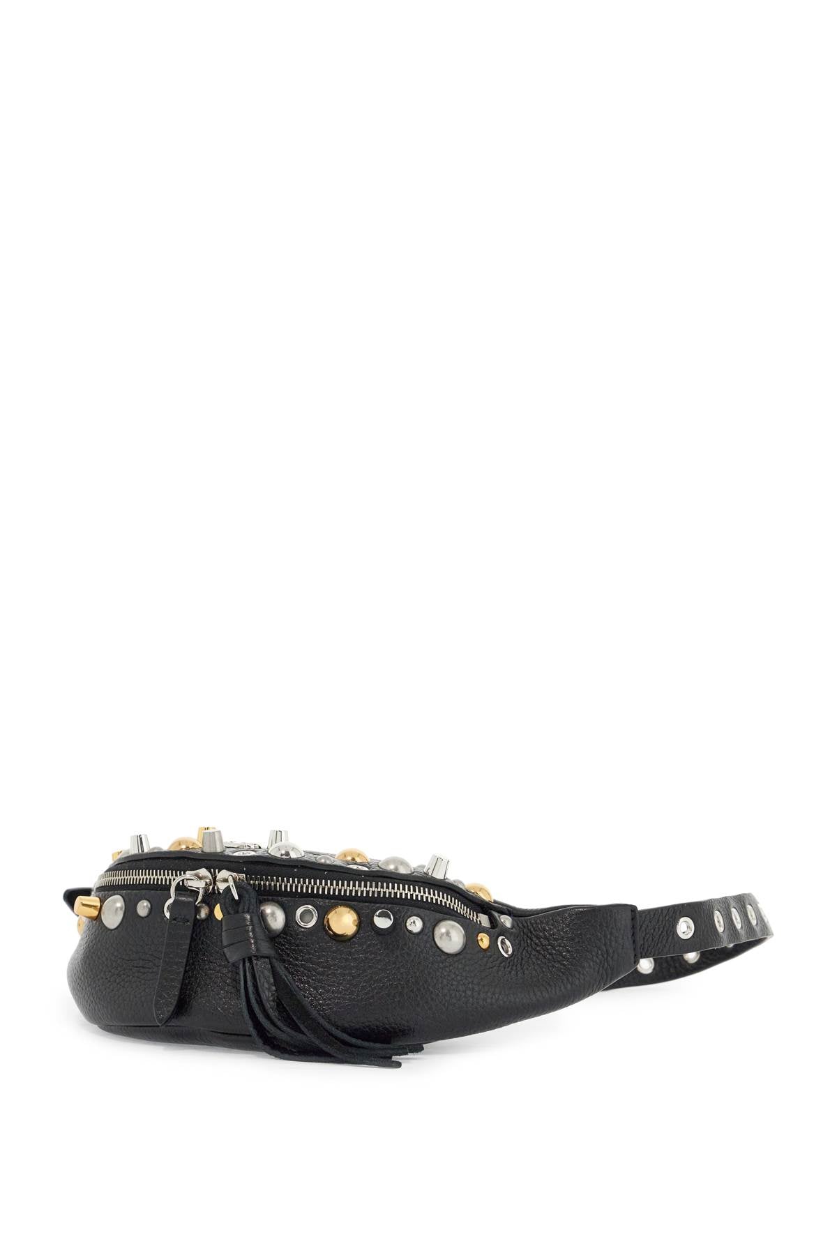 black leather belt bag with studs and shoulder strap