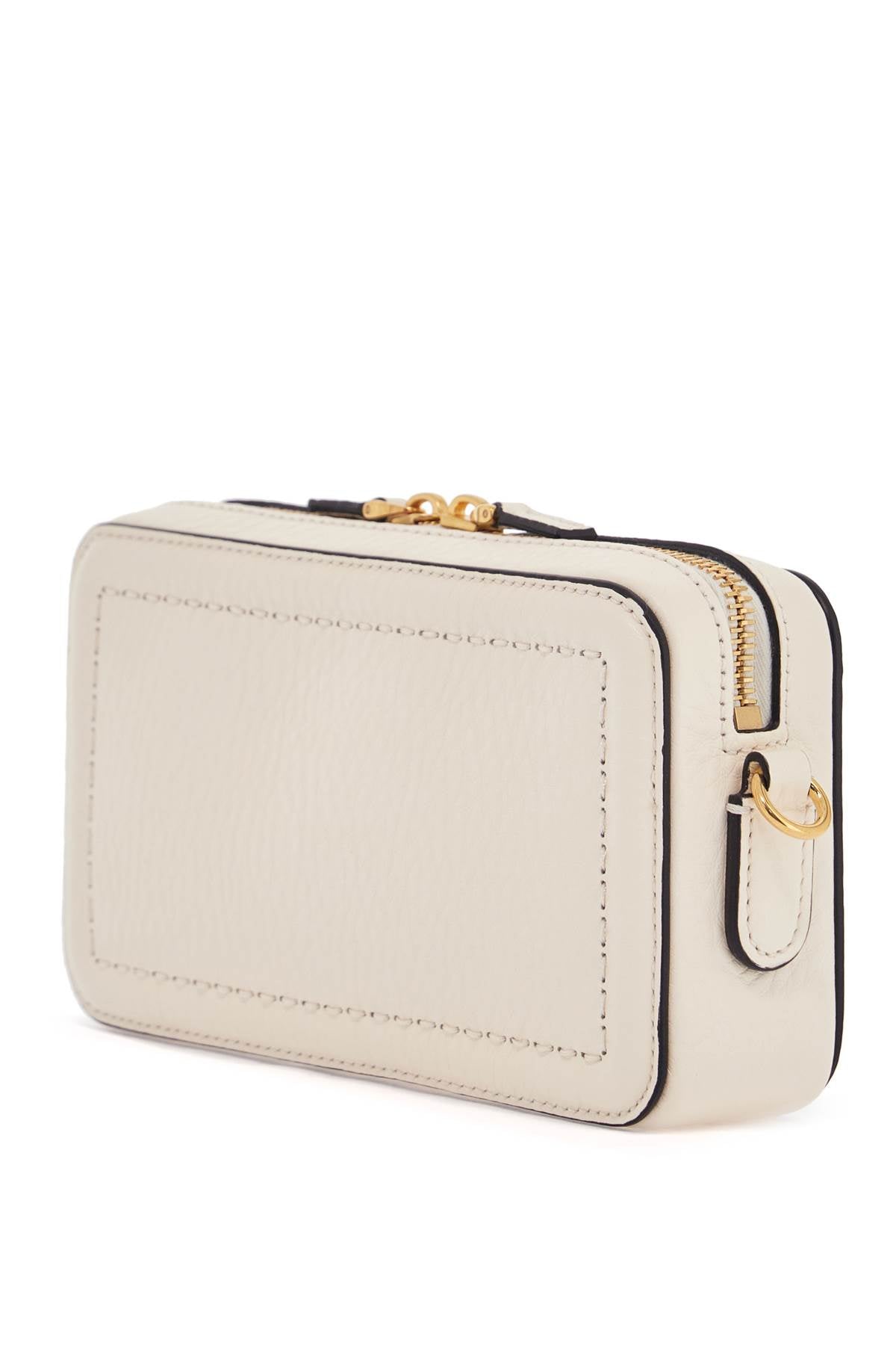 mini camera case in ivory leather with adjustable strap and golden details