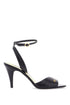 black goat leather sandals with gold buckle and stiletto heel