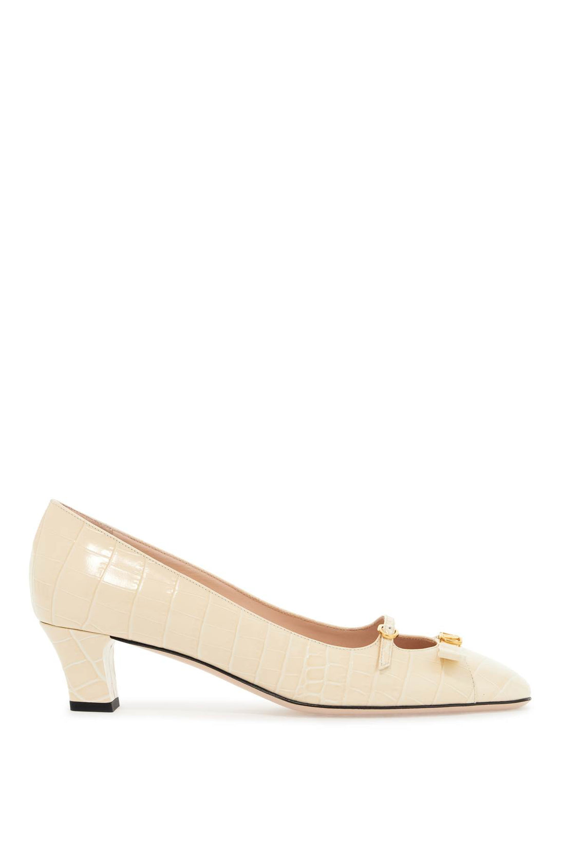 butter white crocodile effect leather pumps with medium heel