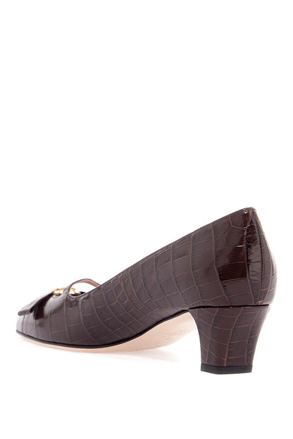 brown crocodile effect calfskin pumps with bow and medium heel