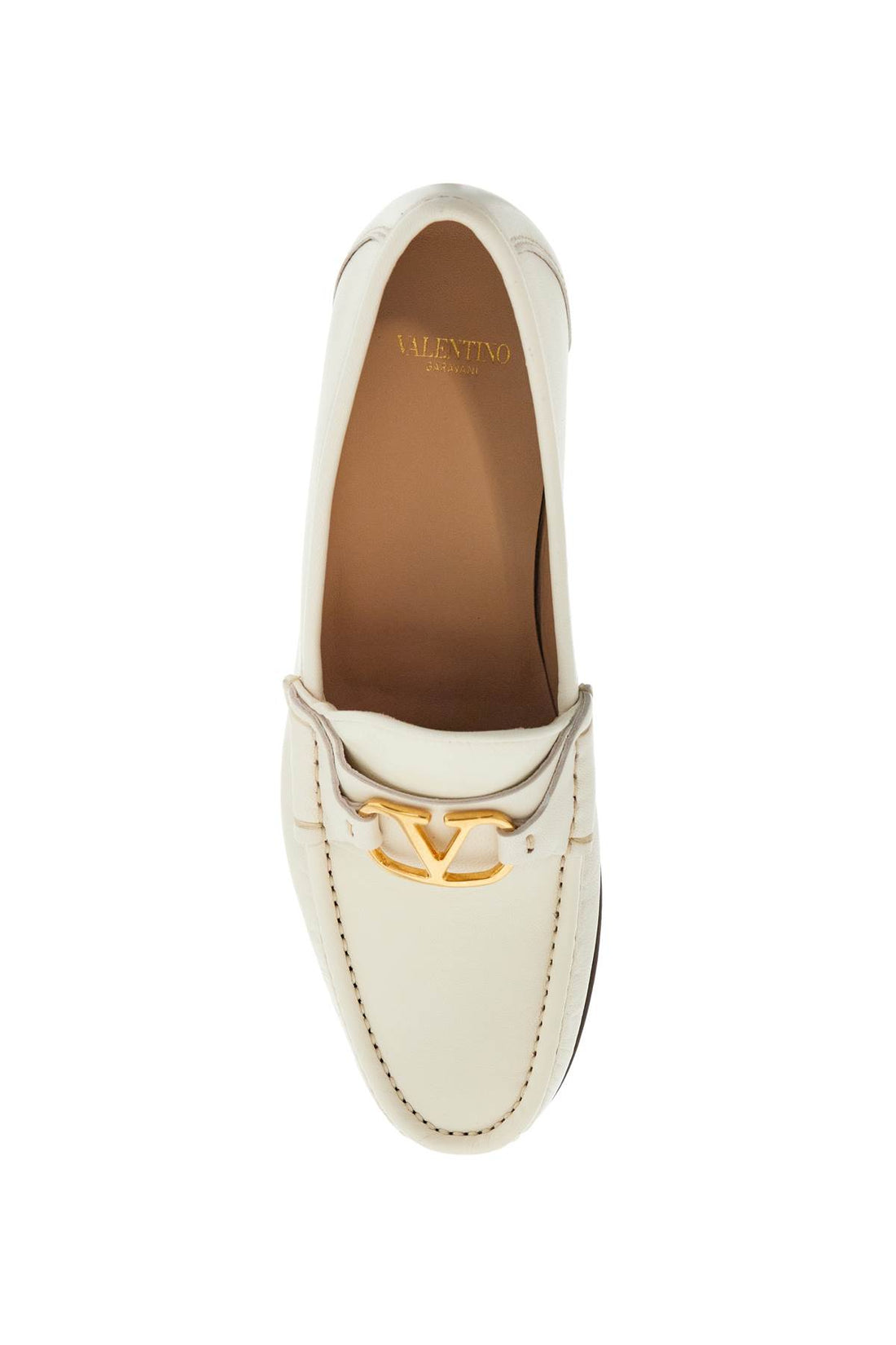 ivory leather loafer with golden metal v logo