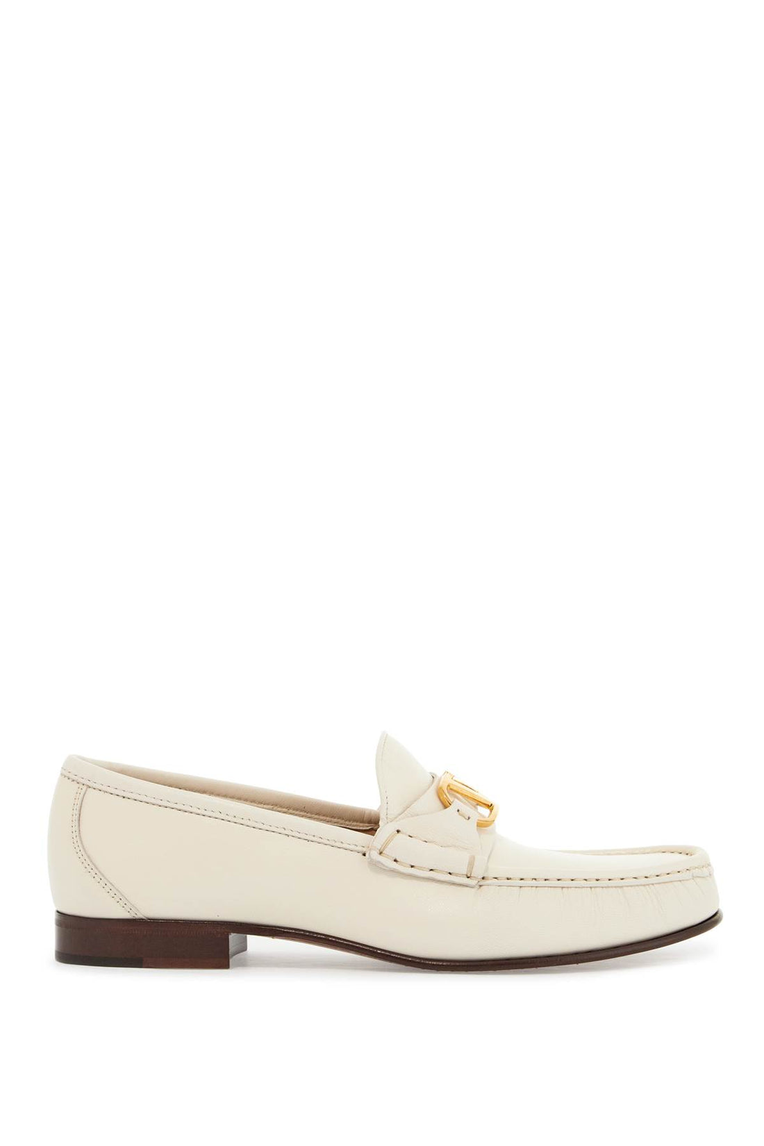 ivory leather loafer with golden metal v logo