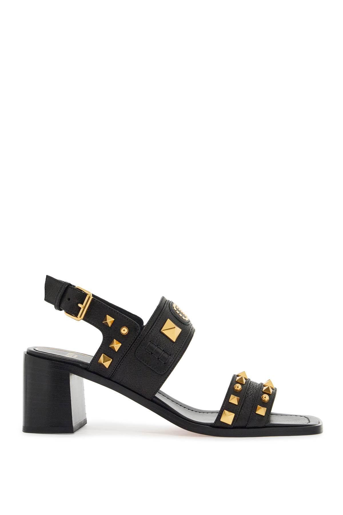 black buffalo leather sandals with golden studs and square heel