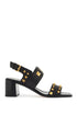 black buffalo leather sandals with golden studs and square heel