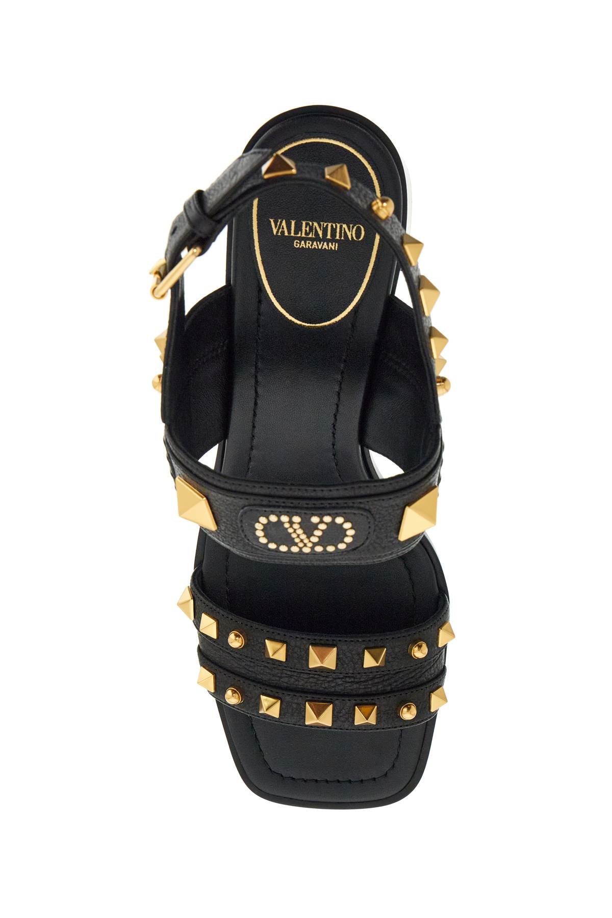 black buffalo leather sandals with golden studs and square heel