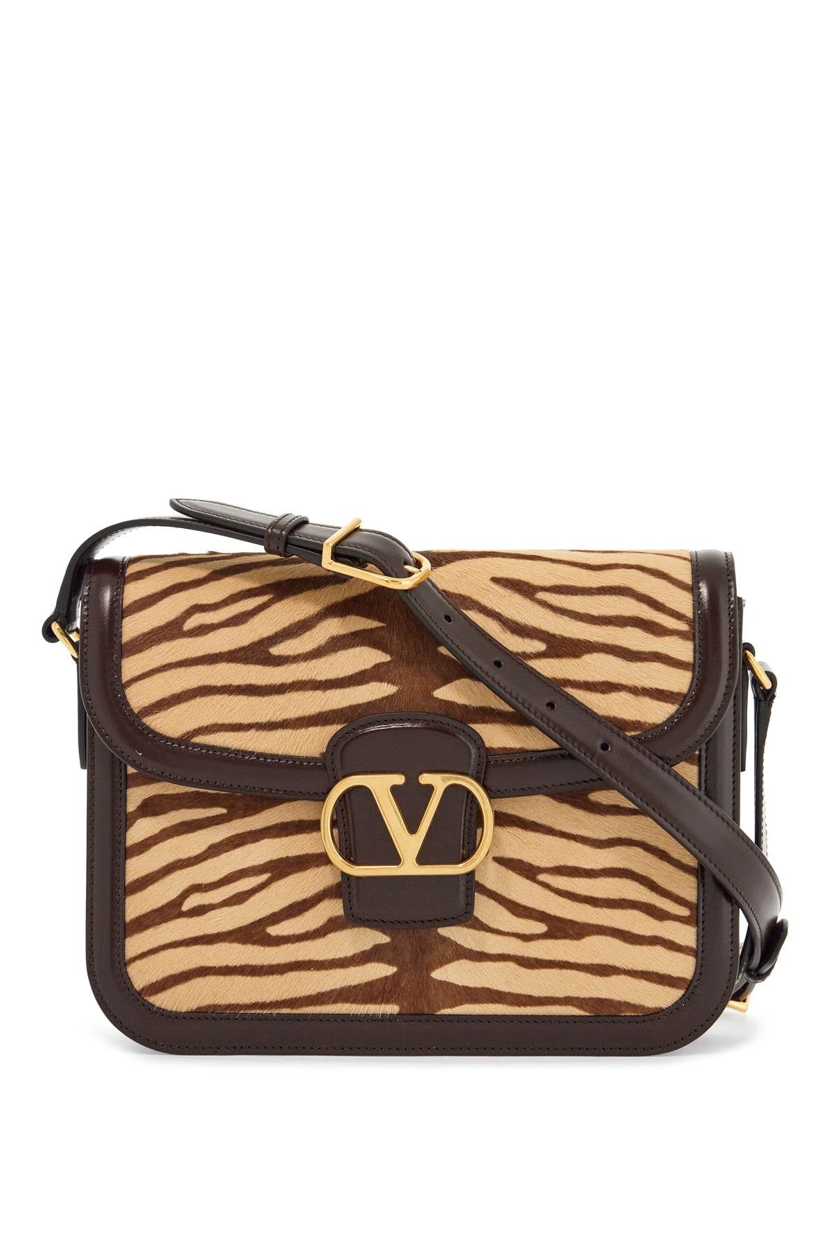 beige and dark brown striped leather shoulder bag