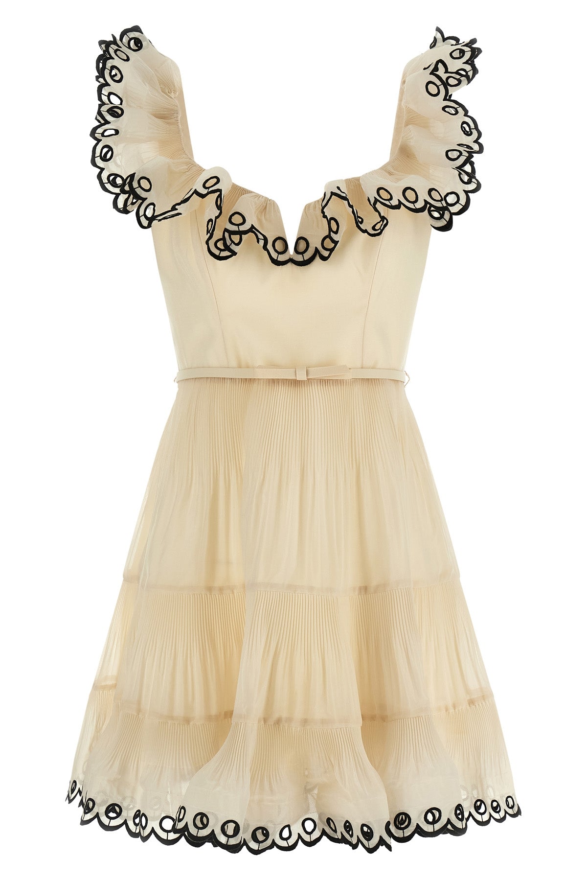 embroidered frilled mini dress in taffeta effect fabric