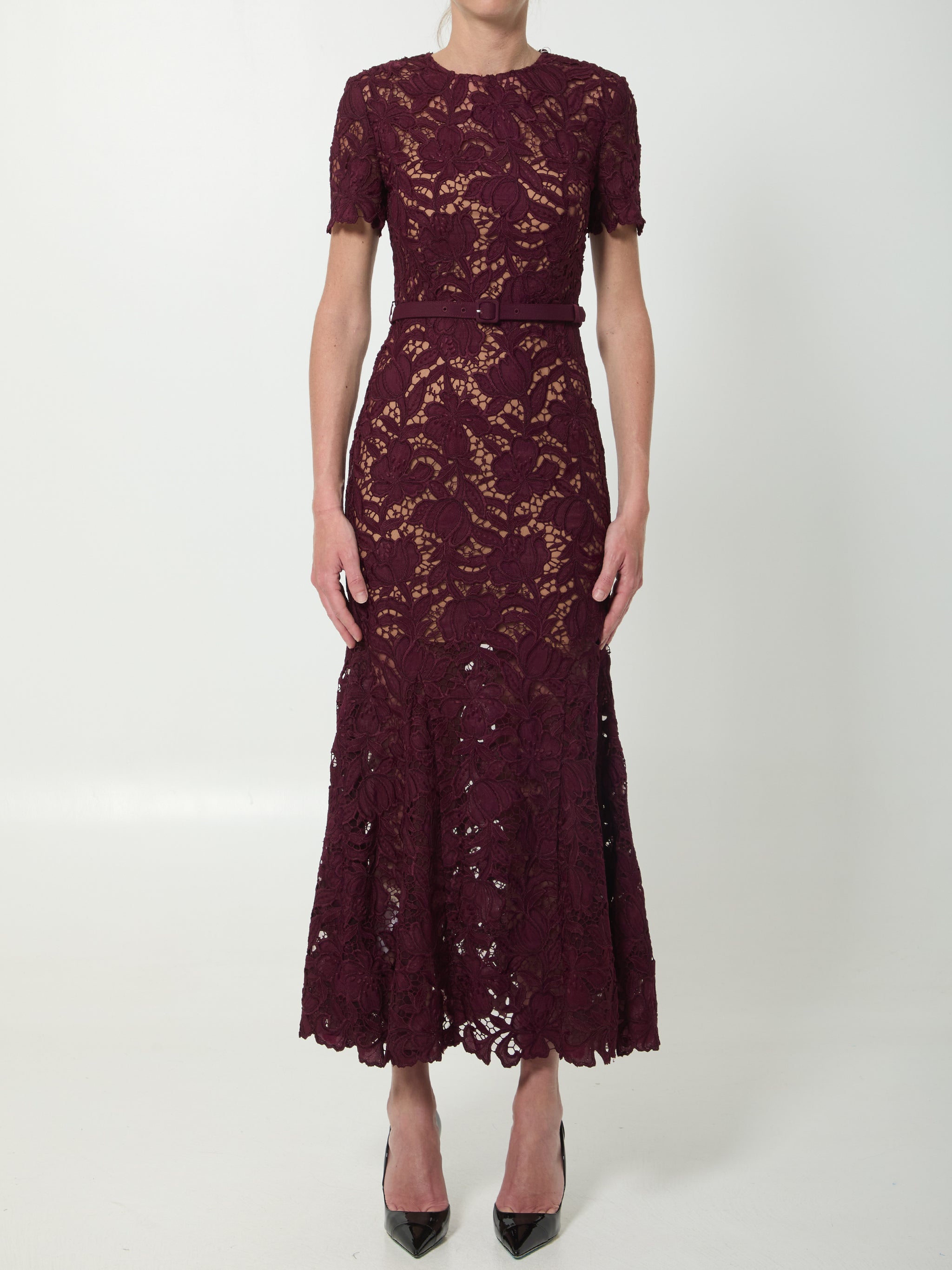 burgundy lace midi dress