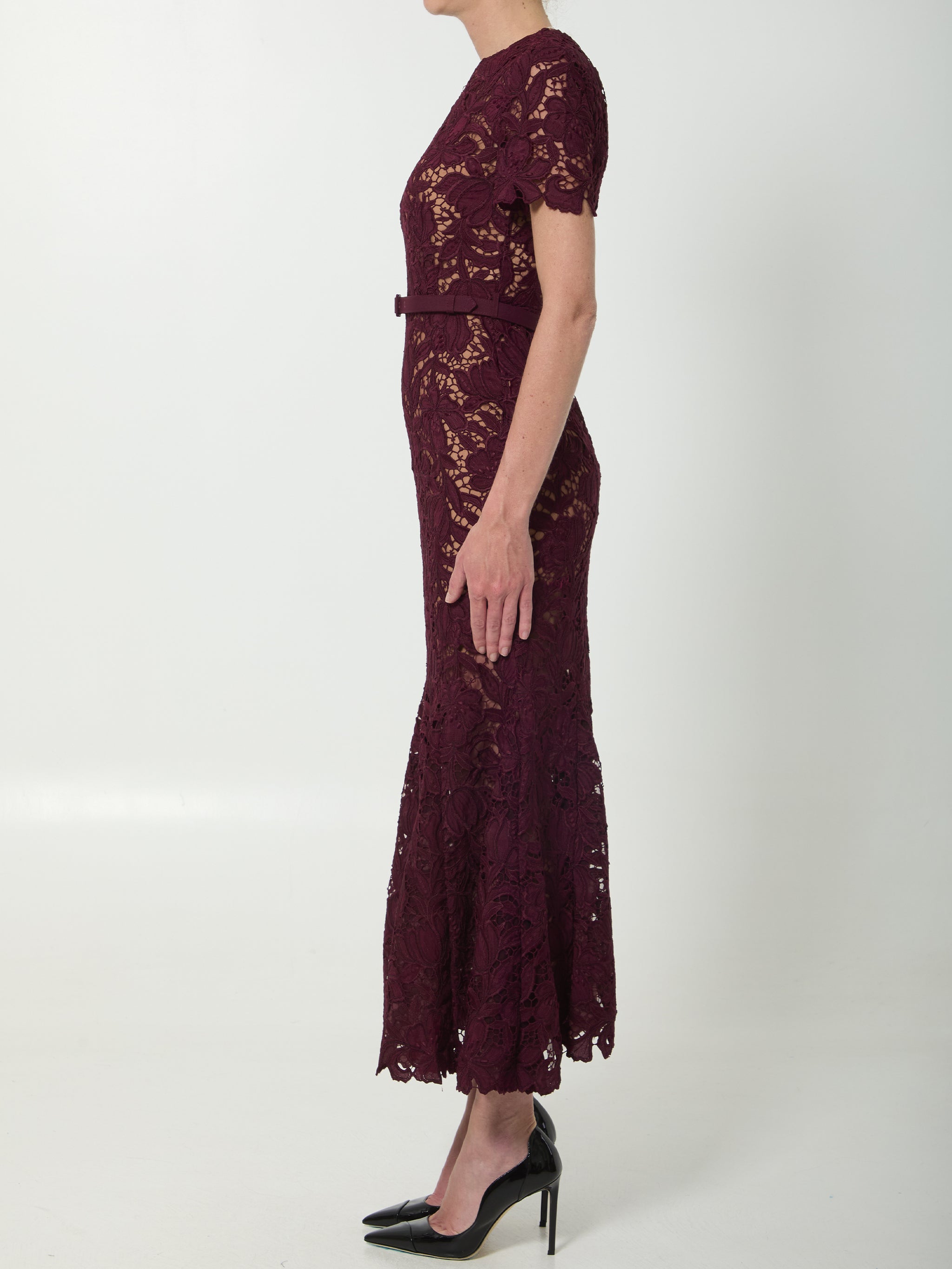 burgundy lace midi dress