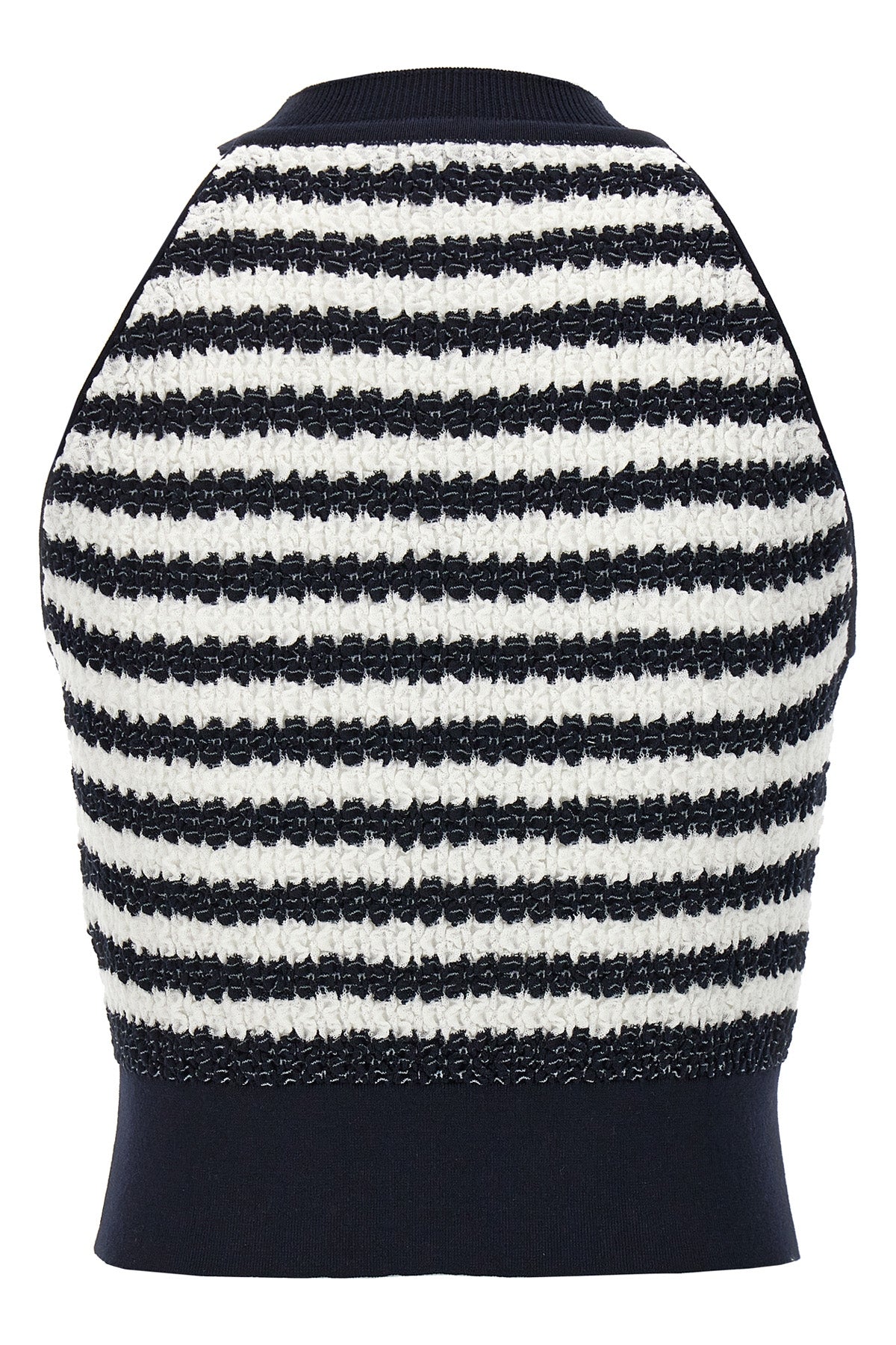 laura owens sleeveless top in striped wrinkle fabric
