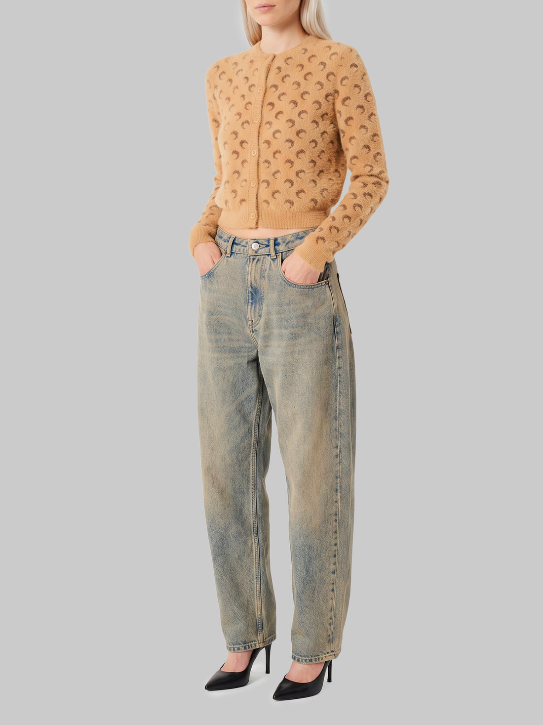 MARINE SERRE M fluffy moon jacquard knit cardigan 
