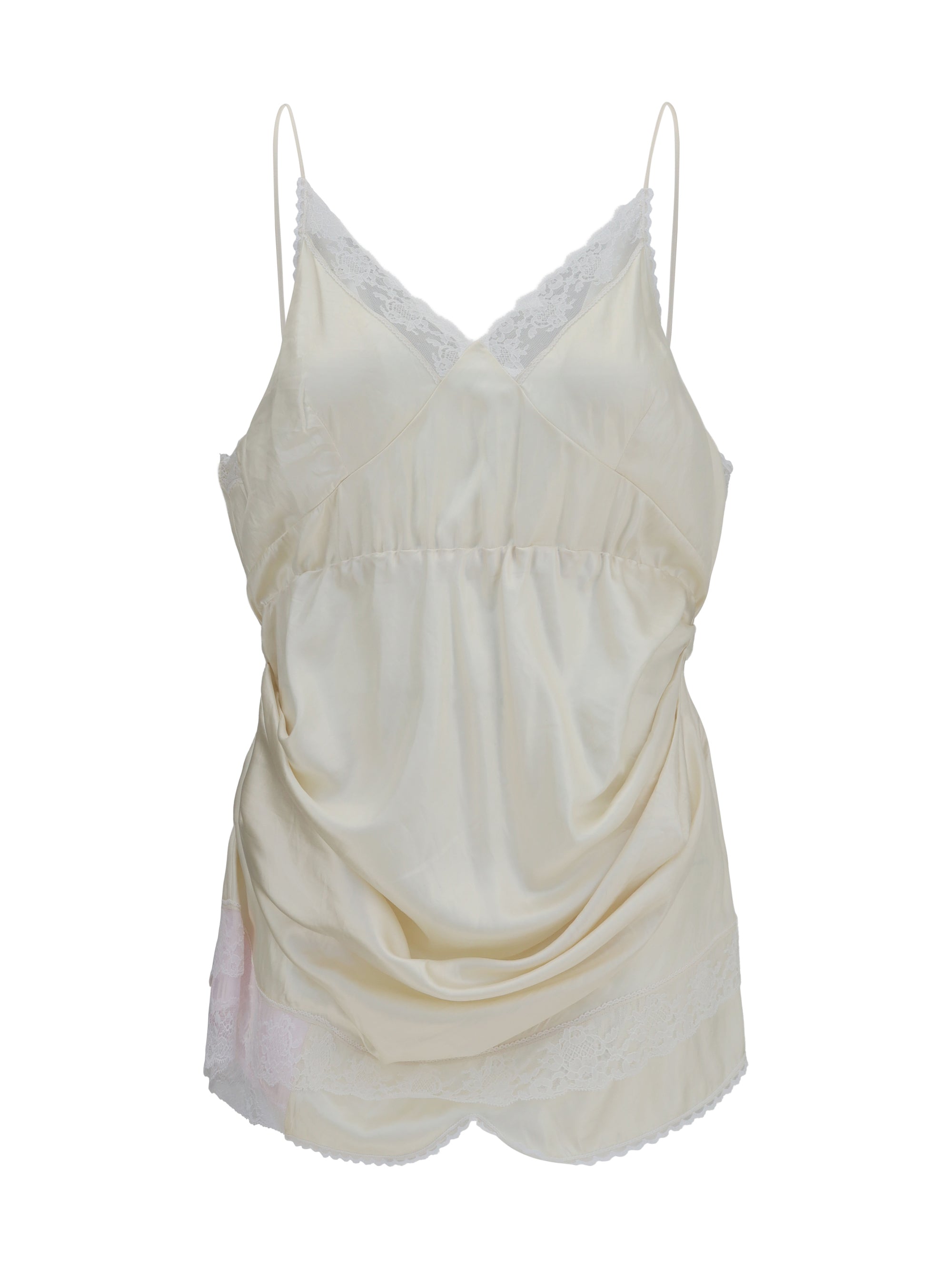 slip dress with draping and lace inserts