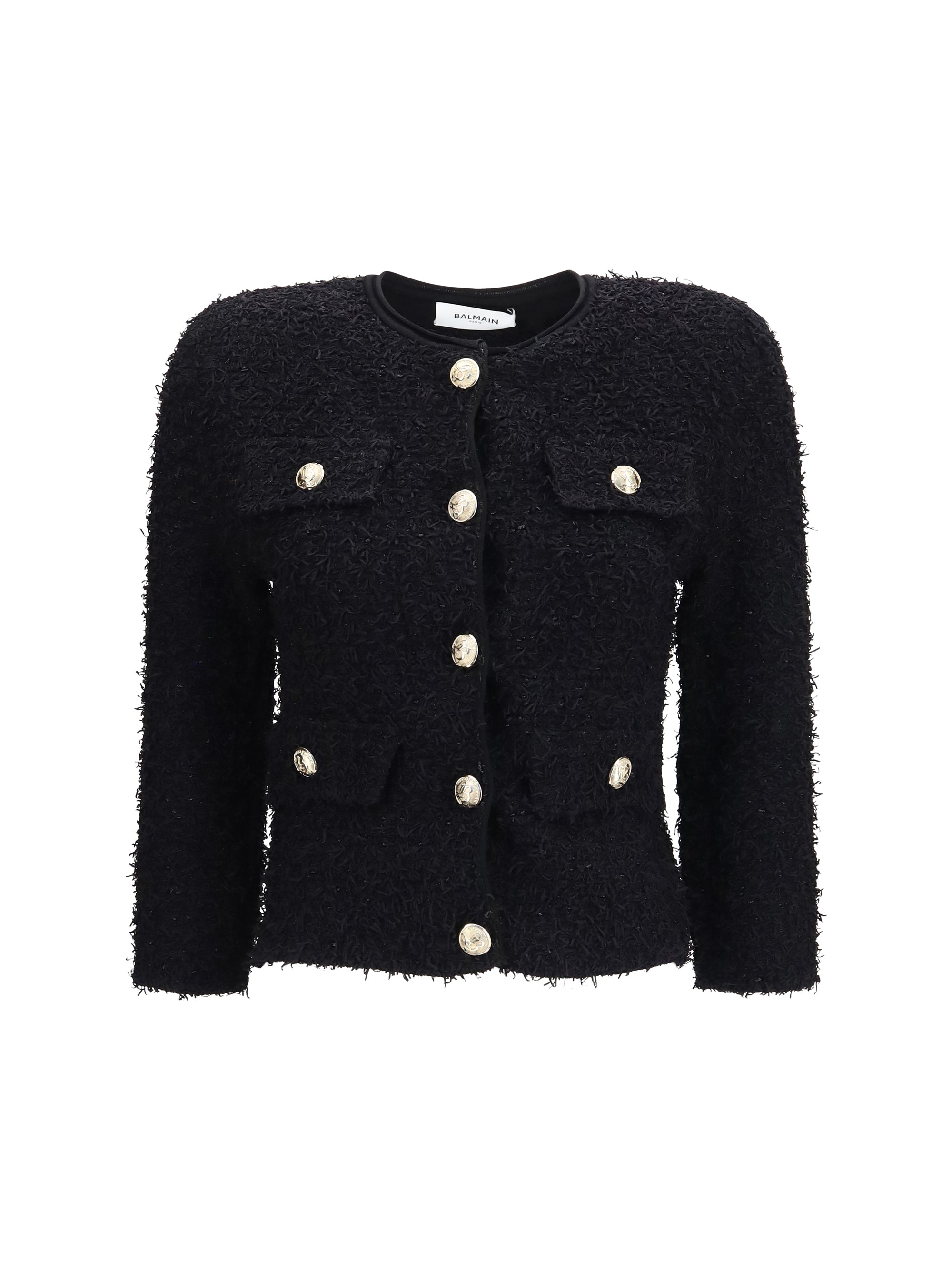 double-breasted tweed cropped jacket with logo buttons