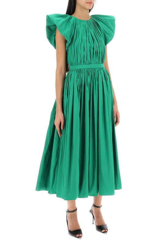 pleated open back midi dress