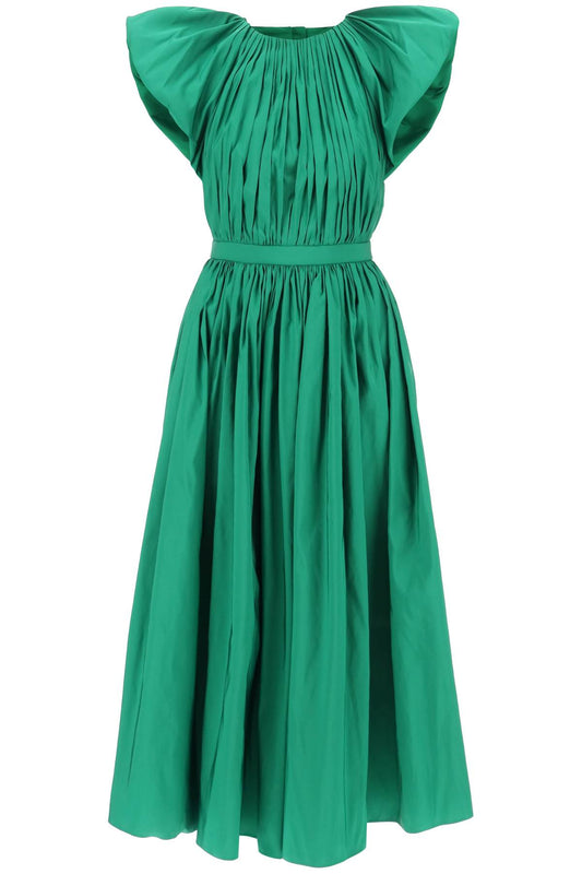 pleated open back midi dress